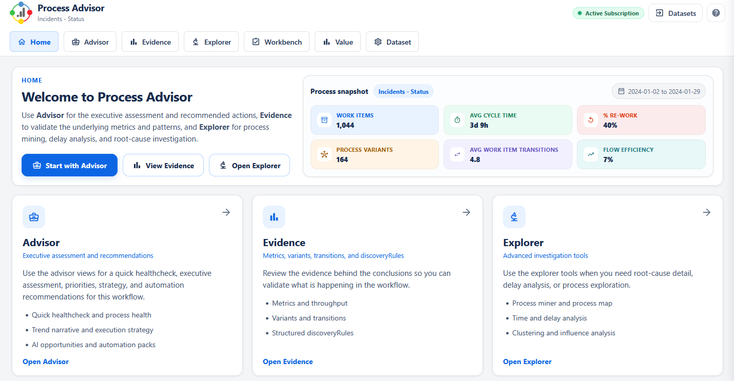Process Advisor for ServiceNow overview dashboard