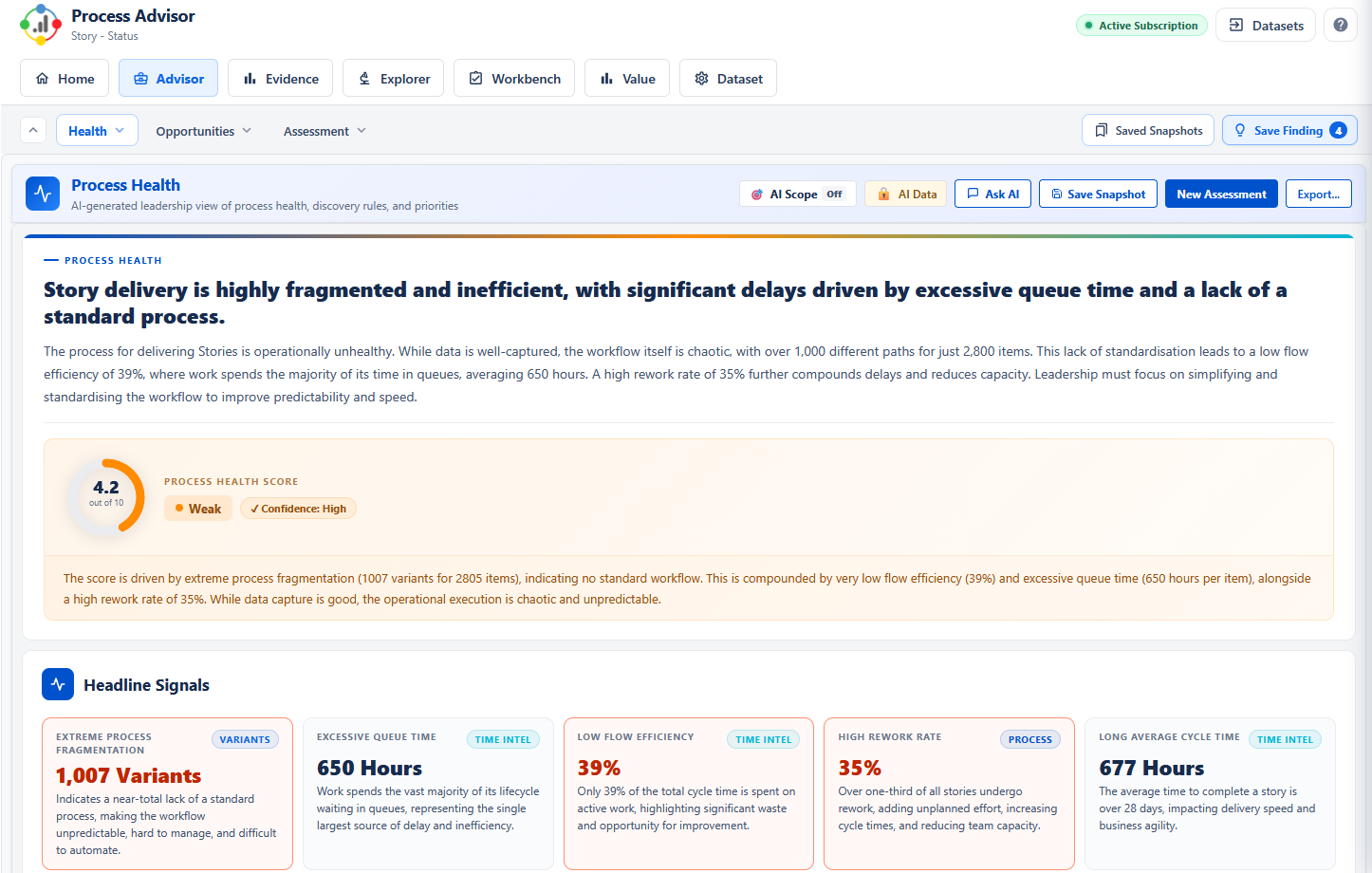 Process Advisor partner screenshot showing process health analysis