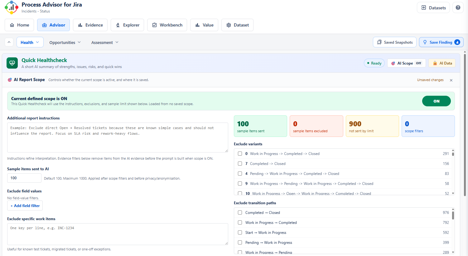Process Advisor AI report scope screenshot showing controls over samples, variants and transition-path exclusions