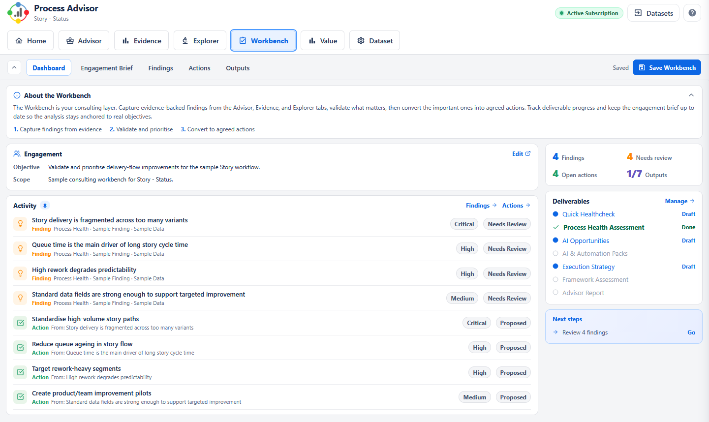 Process Advisor workbench dashboard